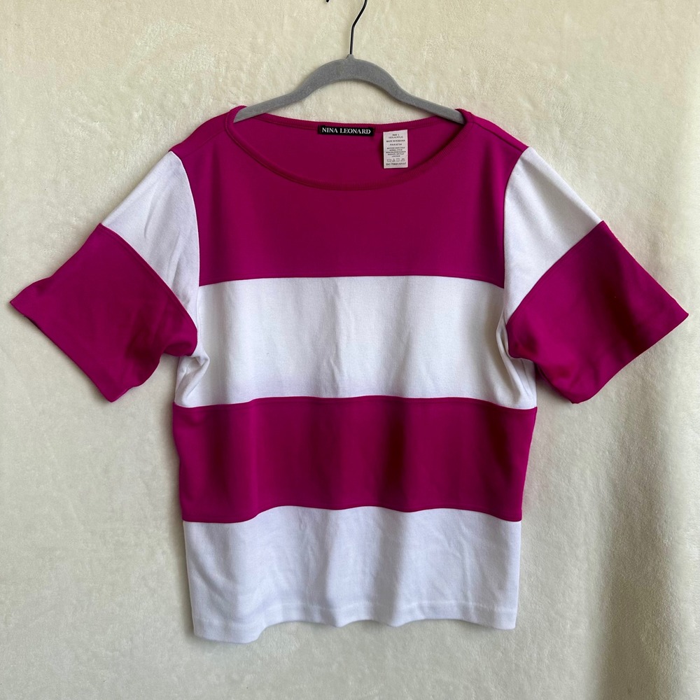 Nina Leonard Magenta Pink White Color Block Striped Knit Boat Neck Top Large